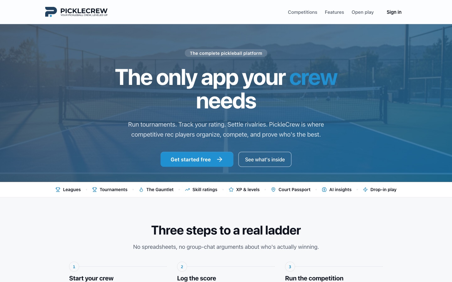 PickleCrew pickleball competition platform homepage