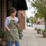A small business owner checking their phone outside their shop on a main street