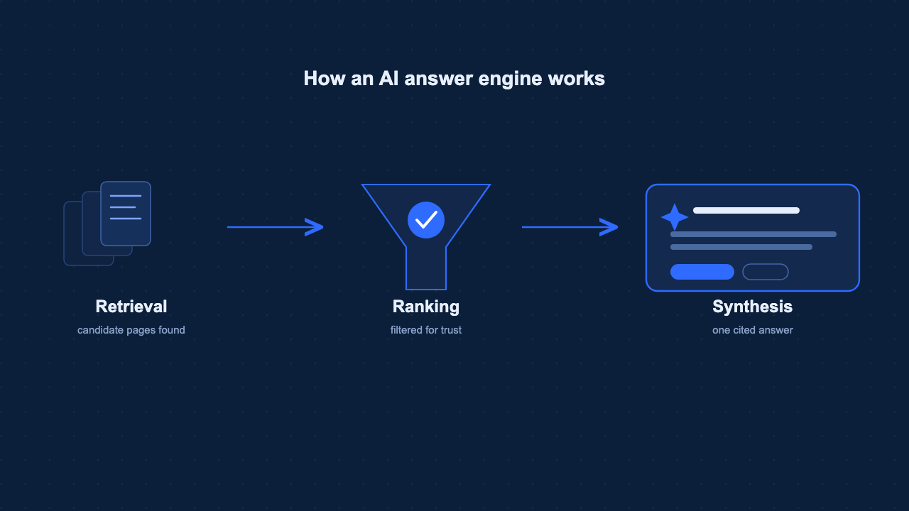 How an AI answer engine works: retrieving candidate pages, ranking them for trust, then synthesizing one cited answer.
